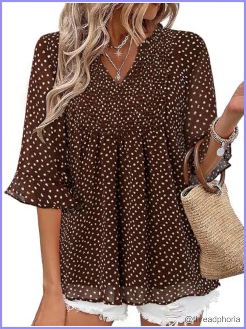 Women 3/4 Sleeve Chiffon Blouse V Neck Ruffle Tunic